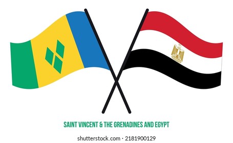 Banderas de San Vicente de las Granadinas y Egipto cruzadas y ondeando estilo plano. Proporción oficial.