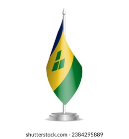 St. Vincent und die Grenadinen-Flagge - 3D-Mini-Flagge hängt an der Desktop-Fahne. Für die Konferenz- oder Gipfelvorstellung geeignet. Vektorgrafik mit Schatten.