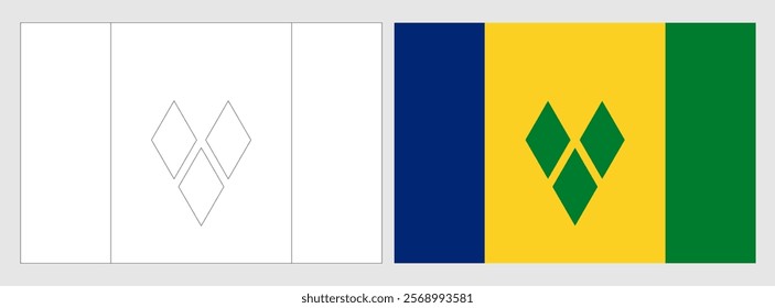 Saint Vincent and the Grenadines flag - coloring page. Set of white wireframe thin black outline flag and original colored flag.