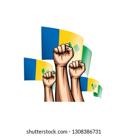 Saint Vincent and the Grenadines flag and hand on white background. Vector illustration