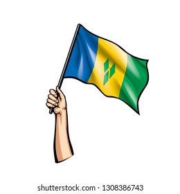 Saint Vincent and the Grenadines flag and hand on white background. Vector illustration