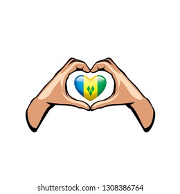 Saint Vincent and the Grenadines flag and hand on white background. Vector illustration