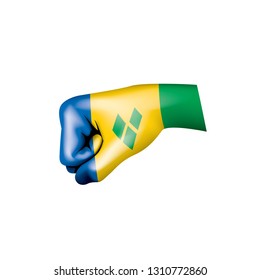 Saint Vincent and the Grenadines flag and hand on white background. Vector illustration