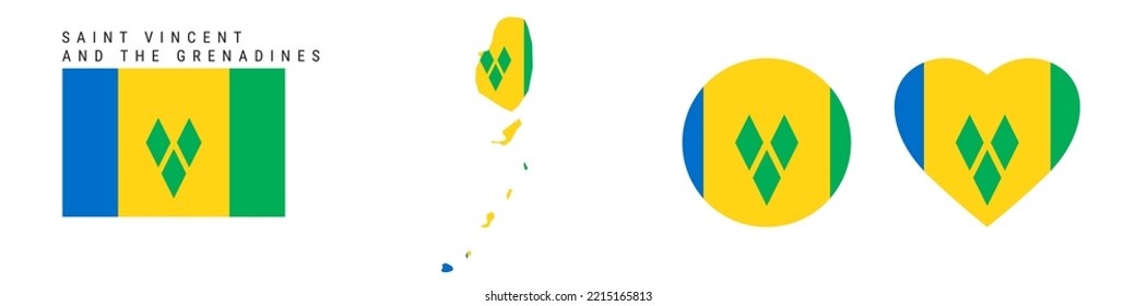 Saint Vincent and the Grenadines flag icon set. Vincentian pennant in official colors and proportions. Rectangular, map-shaped, circle and heart-shaped. Flat vector illustration isolated on white.