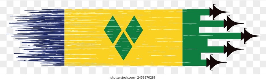 Saint Vincent and the Grenadines flag  with military fighter jets isolated background. vector illustration