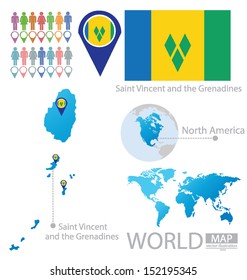 Saint Vincent and the Grenadines. flag. North america. World Map. vector Illustration.