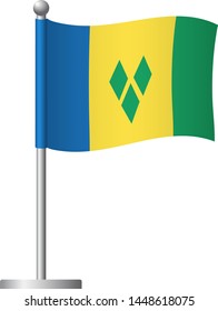 Saint Vincent and the Grenadines flag on pole. Metal flagpole. National flag of Saint Vincent and the Grenadines vector illustration