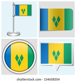 Saint Vincent and the Grenadines flag - set of various sticker, button, label and flagstaff