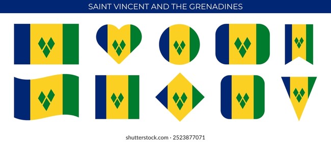 Saint Vincent and the Grenadines flag set. National flag in various shapes. Vector illustration isolated on white background
