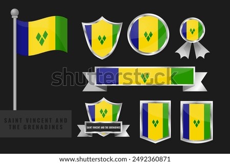Saint Vincent and the Grenadines flag set. Collection of Saint Vincent and the Grenadines national emblems. Flat design of flags collection
