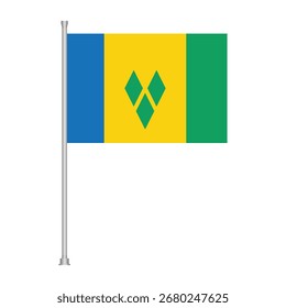 A Saint Vincent and the Grenadines flag waving on a flagpole against a white background. Isolated.