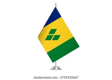 Saint Vincent and the Grenadines flag - wavy stick flag of country, cultural identity and heritage. Represents national pride and unity. Vector table flag hanged on the short hoist. Isolated on white