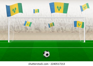 Saint Vincent and the Grenadines football team fans with flags of Saint Vincent and the Grenadines cheering on stadium, penalty kick concept in a soccer match. Sports vector illustration.