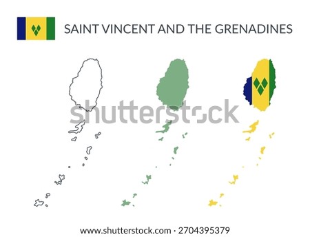 Saint Vincent and the Grenadines geographical borders isolated on white background. Flag of Saint Vincent and the Grenadines. Vector flat cliparts.