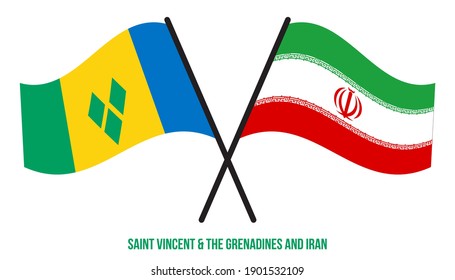 Banderas de San Vicente y las Granadinas y de Irán cruzadas y ondeando estilo plano. Proporción oficial.