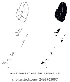 Saint Vincent and the Grenadines map of city regions districts vector black on white and outline