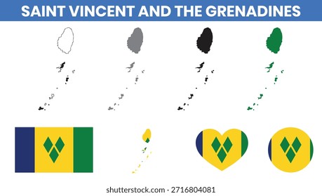 Conjunto de Vectores de mapa y bandera de San Vicente y las Granadinas con contorno de parroquias.