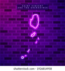 Saint Vincent and the Grenadines map glowing neon lamp sign. Realistic vector illustration. Country name plate. Purple brick wall, violet glow, metal holders.