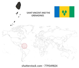 Saint Vincent and the Grenadines map on a world map with flag on white background.