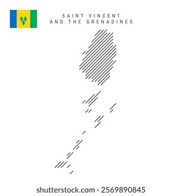 Saint Vincent and the Grenadines map from pattern of black slanted parallel lines. Vincentian map with gray diagonal lines made of oblique hatching. Vector illustration isolated on white.