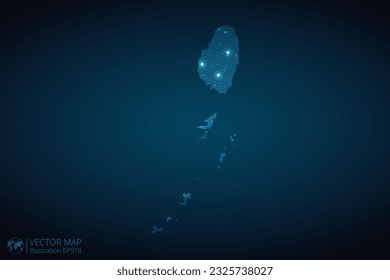 Saint Vincent and the Grenadines map radial dotted pattern in futuristic style, design blue circle glowing outline made of stars. concept of communication on dark blue background. Vector EPS10