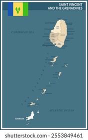 Saint Vincent and the Grenadines Map Vector Vintage Dark Blue Beige - Customizable layered political map of Saint Vincent and the Grenadines for website, education, reports, news, politics, print, pos