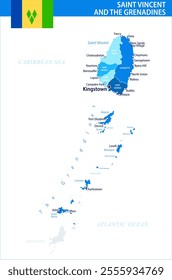 Saint Vincent and the Grenadines Map Vector Blue Spot - Customizable layered political map of Saint Vincent and the Grenadines for website, education, reports, news, politics, print, poster