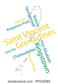 Saint Vincent and the Grenadines map and words cloud with larger cities