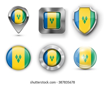 Saint Vincent and the Grenadines Metal and Glass Flag Badges, Buttons, Map marker pin and Shields. Vector illustrations