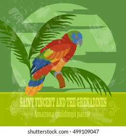 Saint Vincent and the Grenadines national symbols. Amazona guildingii parrot. Retro styled image. Vector illustration