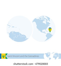 Saint Vincent and the Grenadines on world globe with flag and regional map of Saint Vincent and the Grenadines. Vector Illustration.