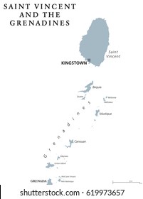 Saint Vincent and the Grenadines political map with capital Kingstown. Caribbean islands country, part of Lesser Antilles and Windward Islands. Gray illustration over white. English labeling. Vector.