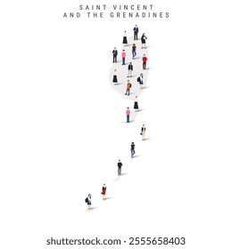 Saint Vincent and the Grenadines population map. Large group of realistic a diverse crowd of people figures in a shape of Vincentian map. Flat vector illustration isolated on white.