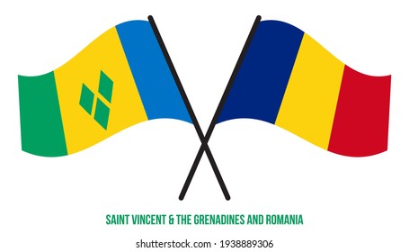 St. Vincent und die Grenadinen und Rumänien Flaggen überquert und wehend flatter Stil. Offizieller Anteil.