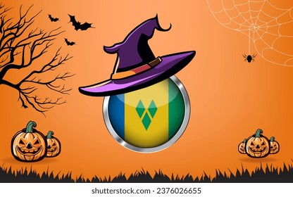 saint vincent and the grenadines round flag with Happy Halloween banner or party invitation background. bats, spiders and pumpkins, orange background