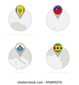 Saint Vincent and the Grenadines, Samoa, San Marino, Sao Tome and Principe map and flag in circle. Vector Illustration.