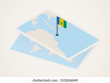 Saint Vincent and the Grenadines selected on map with isometric flag of Saint Vincent and the Grenadines. Vector paper map.