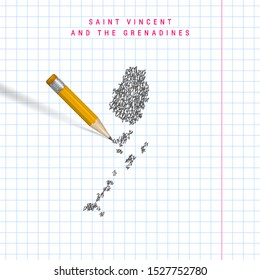 Saint Vincent and the Grenadines sketch scribble map drawn on checkered school notebook paper background. Hand drawn vector map of Saint Vincent and the Grenadines. Realistic 3D pencil with rubber.