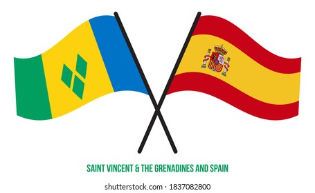 Saint Vincent & the Grenadines and Spain Flags Crossed And Waving Flat Style. Official Proportion.