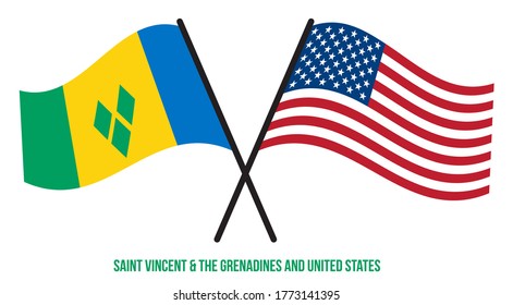 Saint Vincent & the Grenadines and United States Flags Crossed And Waving Flat Style. Official Proportion.