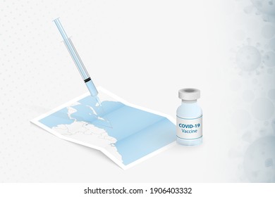 St. Vincent und die Grenadinen Impfung, Injektion mit COVID-19 Impfstoff in Karte von St. Vincent und die Grenadinen. Illustration zum Impfkonzept.