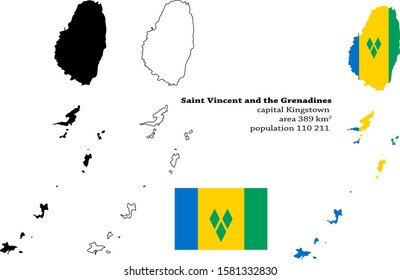 
Saint Vincent and the Grenadines vector map, flag, borders, mask , capital, area and population infographic