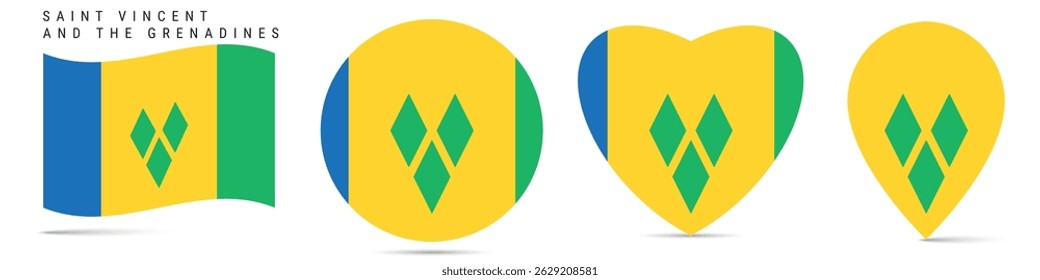 Saint Vincent and the Grenadines waving flag, round circle sticker badge, heart shaped icon, map pin. Vincentian flag buttons of different shapes. Vector illustration isolated on white.