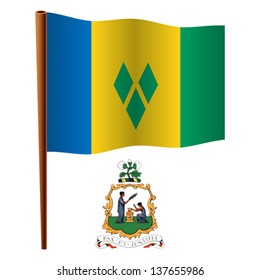 saint vincent and the grenadines wavy flag and coat of arm against white background, vector art illustration, image contains transparency