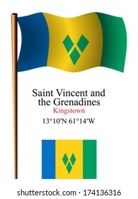 saint vincent and the grenadines wavy flag and coordinates against white background, vector art illustration, image contains transparency