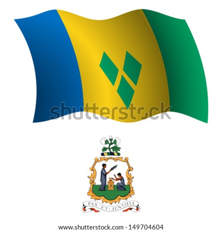 saint vincent and the grenadines wavy flag and coat of arm against white background, vector art illustration, image contains transparency