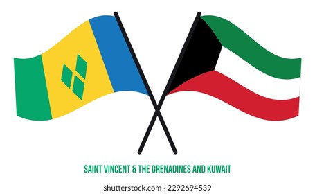 Banderas De San Vicente y Kuwait Cruzadas Y Ondeadas De Estilo Plano. Proporción oficial.