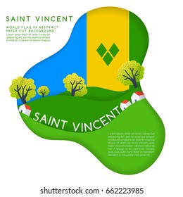 Saint Vincent : World Flag in paper cut shapes with trees and mountains in the layers : Vector Illustration