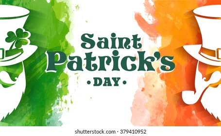 saint watercolor patrick vector watercolour irish banner with leprechaun and angel patrick's greeting saint watercolor patrick laughing english white vacation texture isolated holiday background scene