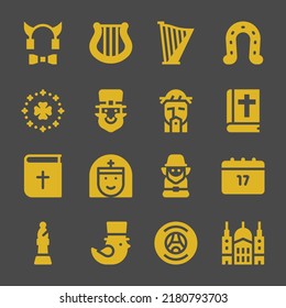 saint web icons. Devil and Harp, Horseshoe and Bible symbol, vector signs